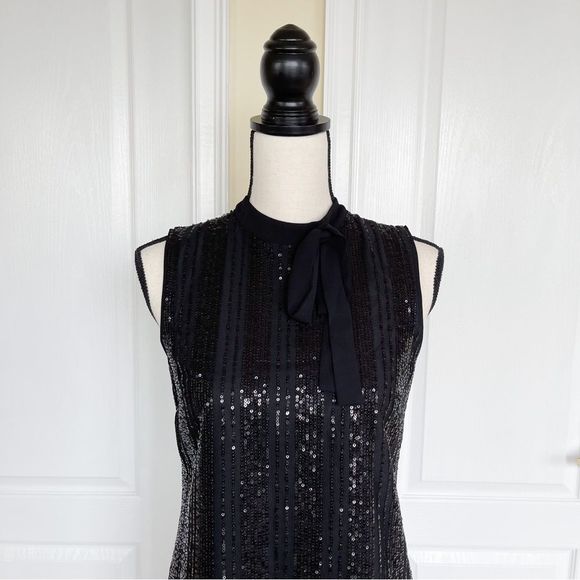 CeCe Size XS Black Sequin Layered Bow Tie Neck Sleeveless Cocktail Dress - Picture 2 of 16